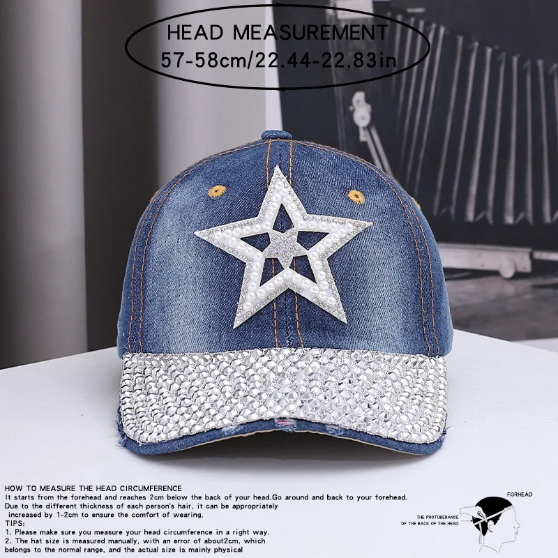 New Baseball Cap Big Five-pointed Star Trend Diamond-encrusted Denim Cap Outdoor Casual Personalized Rivet Hat