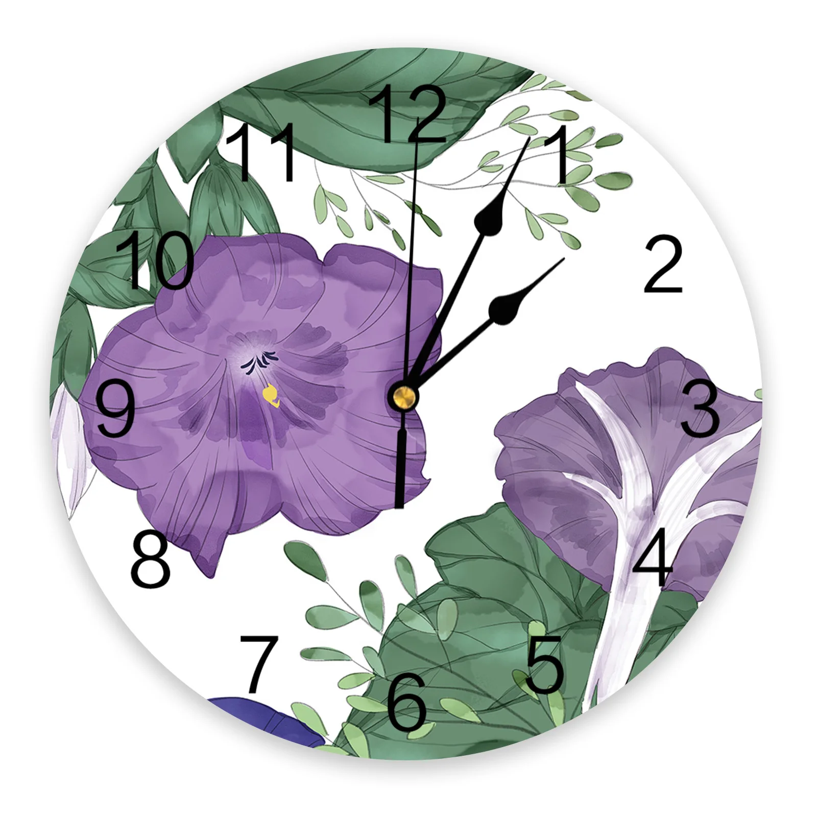 Purple Plant Flower Illustration Printed Wall Clock Modern Silent Clock Living Room Home Decor Wall Hanging Watch