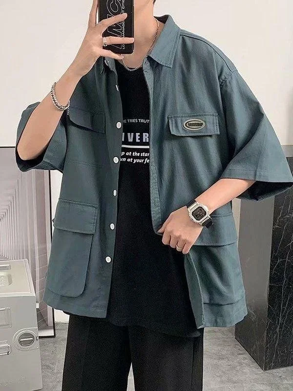 

Повседневная свободная мужская рабочая одежда ort Sve irt Autumn Faion Street Sle с пятью пуговицами, свободная летняя одежда с несколькими карманами
