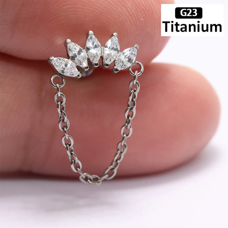 G23 Titanium Lip Ring Internally Threaded Chain Tragus Nail Helix Earring Stud 16G 6/8/10mm Bar Labret Ear Piercing Body Jewelry