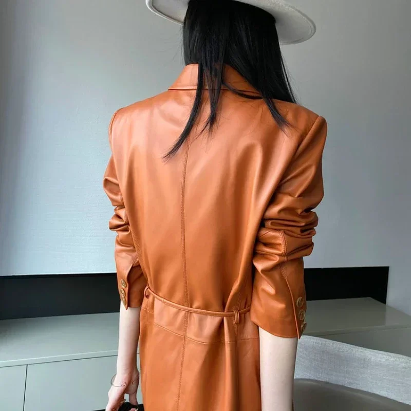 Imagem -05 - Jaqueta de Couro Real Feminina Moda Coreana Cinto Laranja Cabolsa de Couro Feminino Jaqueta de Couro Real Roupas Femininas Trench Coat Fcy1930