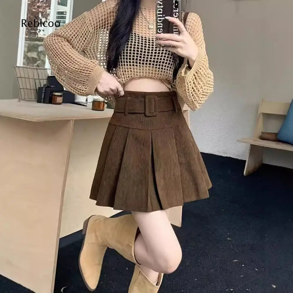 Corduroy A Line Short Skirt Women High Waist Pleated Structure With Belt Mini Bottom For Daily Autumn Winter Street Fashion