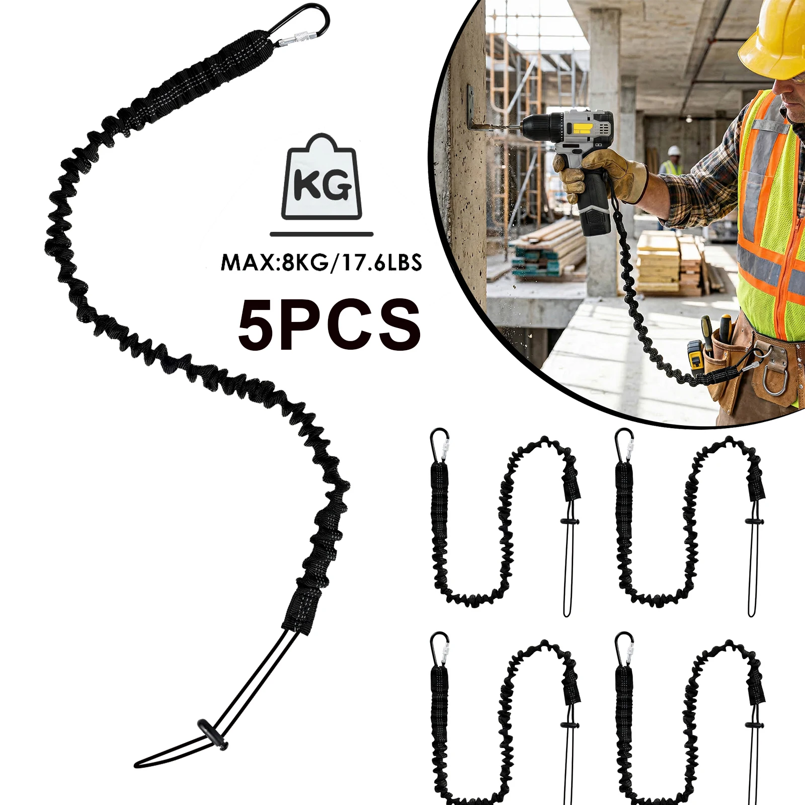

Набор из 5 шт. страховочных ремней для инструментов с винтовым карабином, выдвижной, регулируемый, выдерживающий нагрузку до 8 кг, для строительных работ