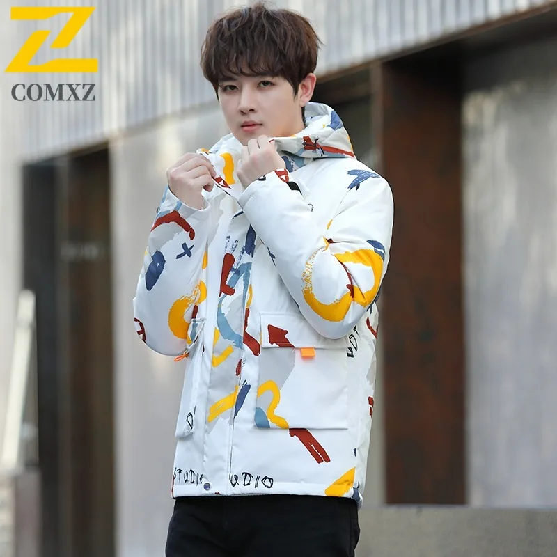 COMXZ 2025 ​Men Graffiti  Jacket Winter Thermal Puffer Windproof Korean Style Loose Fit Streetwear Parka Detachable Hood​ Coat