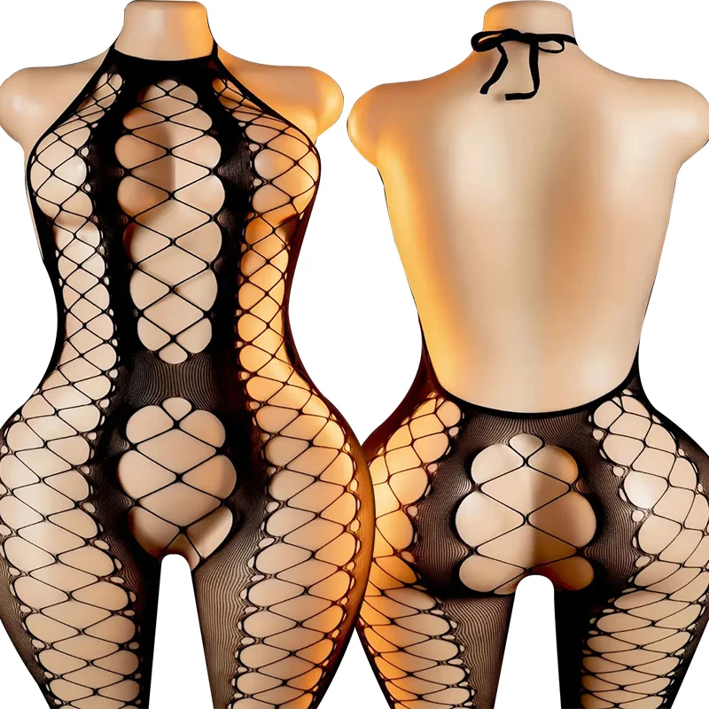 

Big Loophole Fishnet Hollow Teddies Bodysuits Erotic Crotchless Lingerie Hanging Neck Bodystockings Mesh See Through Body Suits