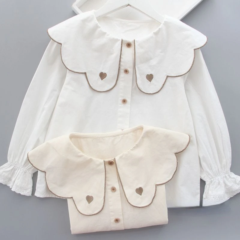 Girls Shirt White Spring and Fall New Girls Doll Collar Cotton Blouse Children Long-sleeved Shirt Toddler Girl Clothes