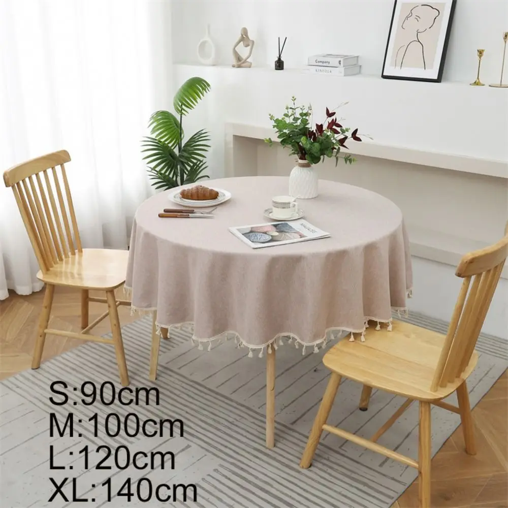 Decorazioni per la tavola Tovaglia in cotone e lino TPU rotonda con nappa Copri tavolo da pranzo Tinta unita Tappetino antipolvere Decorazione della casa