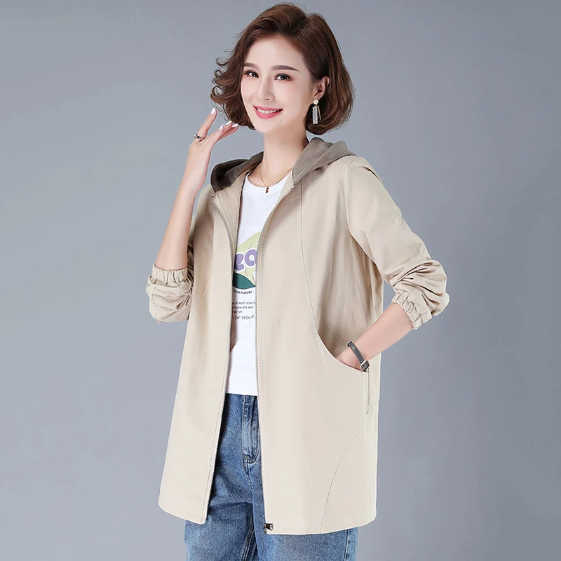 

Women Hooded Windbreaker 2025 New Spring Autumn Color Matching Trench Coat Female Overcoat Fashion Loose Thin Mother Casual Coat