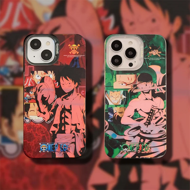 O-One Piece Luffy Hat Roronoa Zoro Gradient Shiny Glitter Chameleon Case For iPhone 15 14 13 Pro Max Laser Cartoon Anime Cover