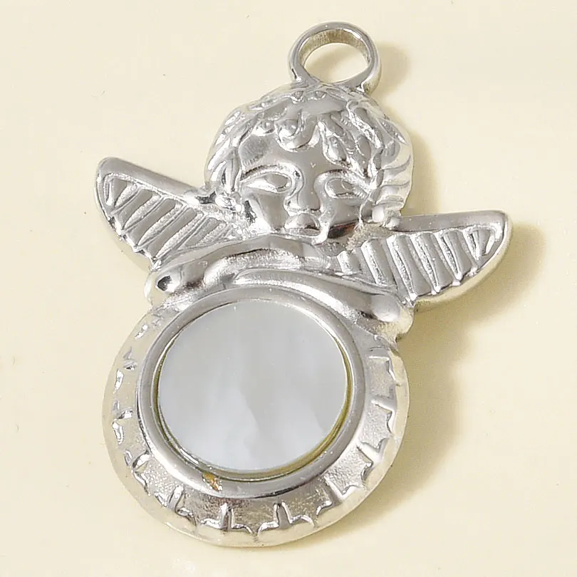 Abalorio de acero inoxidable de Metal que no se decolora, Abalone Natural Real/concha blanca, conector de sol de Ángel, suministros para fabricación de joyas, 4 Uds.