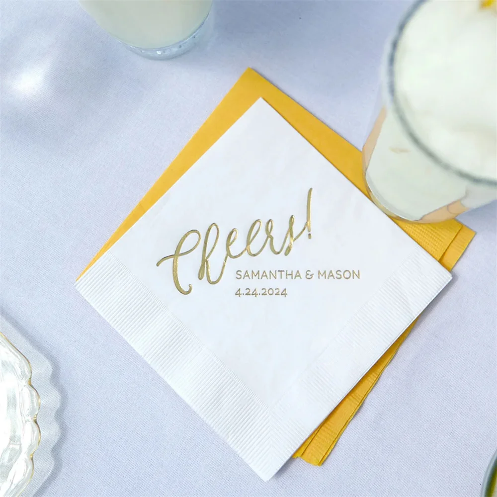 

50PCS Custom Cocktail Napkins Cheers! Script - Wedding Cocktail Napkins, Paper Party Napkins, Personalized Foil Napkin, Birthday