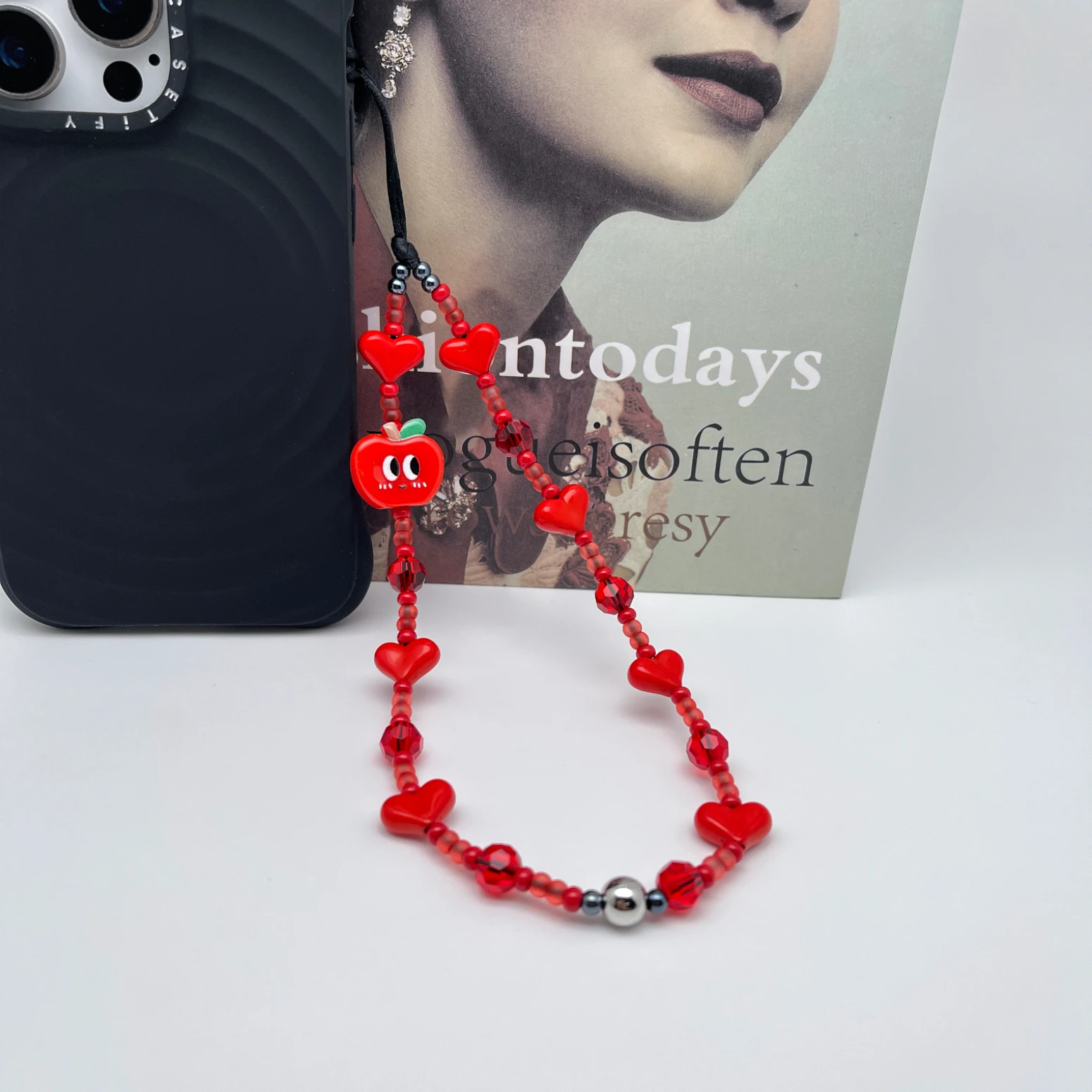HERLOOK Red Apple Heart Phone Charm Beaded Chain Cute Pendant Accessory for Cellphone Gift for Women Girls Bring Lucky