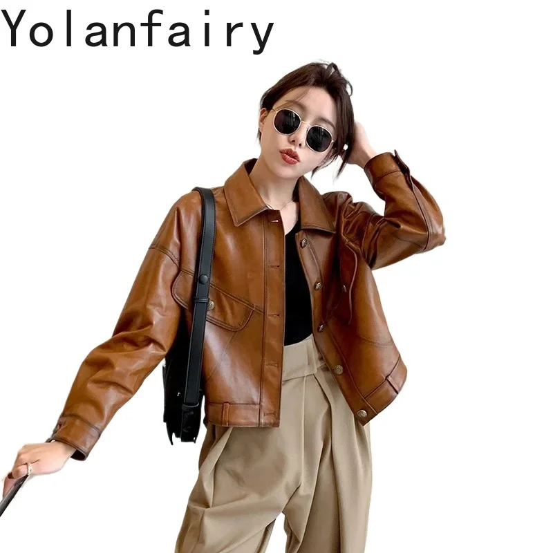 

YOLANFAIRY натуральная дубленка женская корейская модная короткая кожаная куртка женская одежда весна осень куртка из натуральной кожи