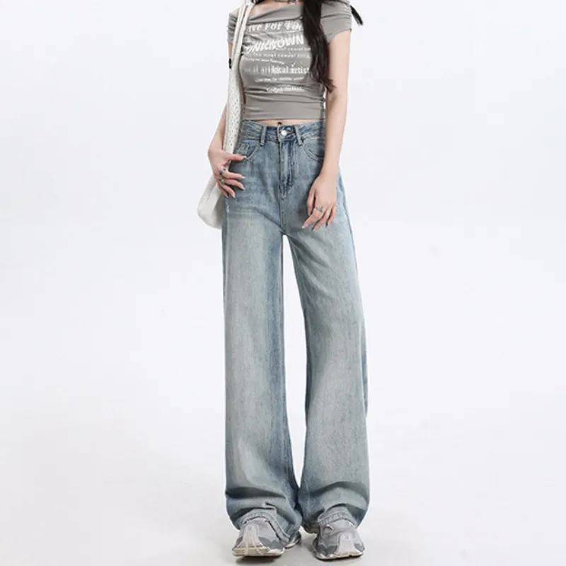 FINEWORDS High Waist Vintage Washed Blue Jeans Women Casual Wide Leg Korean Baggy Jeans Y2k Streetwear punk Harajuku Denim Pants