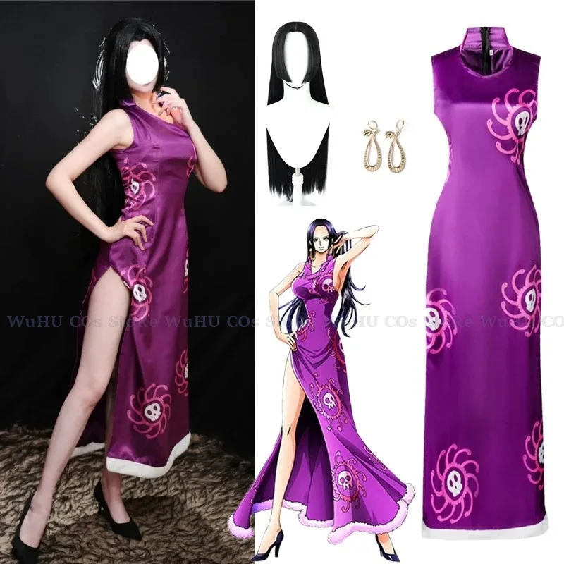 Capa Cheongsam Hancock para mujer, disfraz de Cosplay, vestido tipo kimono de Anime, peluca púrpura, trajes Cheongsam de Carnaval de Halloween, juego de rol, 1 ud.