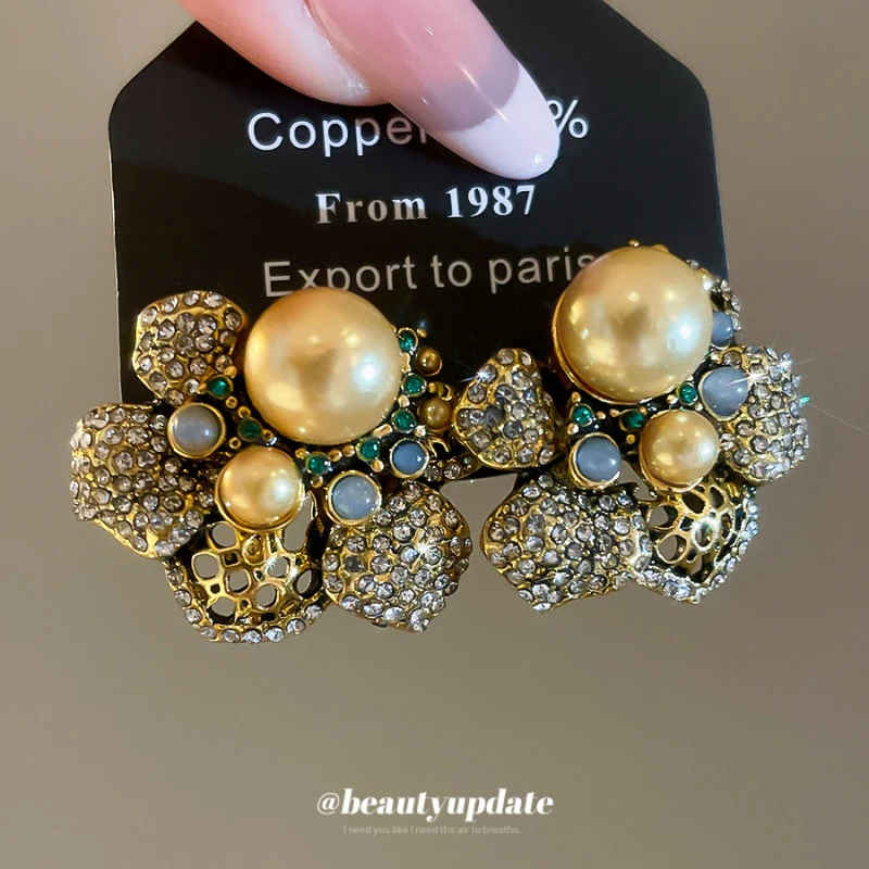 Orecchini Vintage con Aghi d'Argento, Diamanti Intarsiati, Fiori e Perle, Stile Europeo Americano, Accessori di Nicchia alla Moda