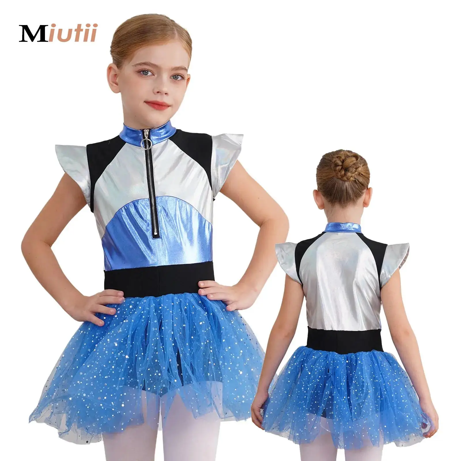 

Girls Alien Space Astronaut Cosplay Costume Metallic Shiny Spangles Tutu Dress Bodysuit Hslloween Alien Theme Party Clubwear