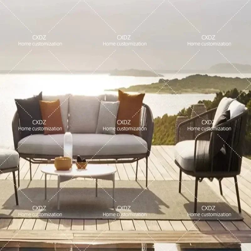 Nordic Outdoor Rattan Sofa Set Waterproof Sunscreen Woven Courtyard Chair Coffee Table Combination Leisure Recliner Furniture