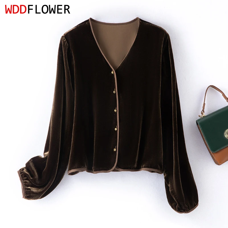 100% Mulberry Silk Lining Velvet Silk Women Coat Brown Color V-neck Buttons Down Long Sleeve Cardigan Top Blouse Autumn FF084