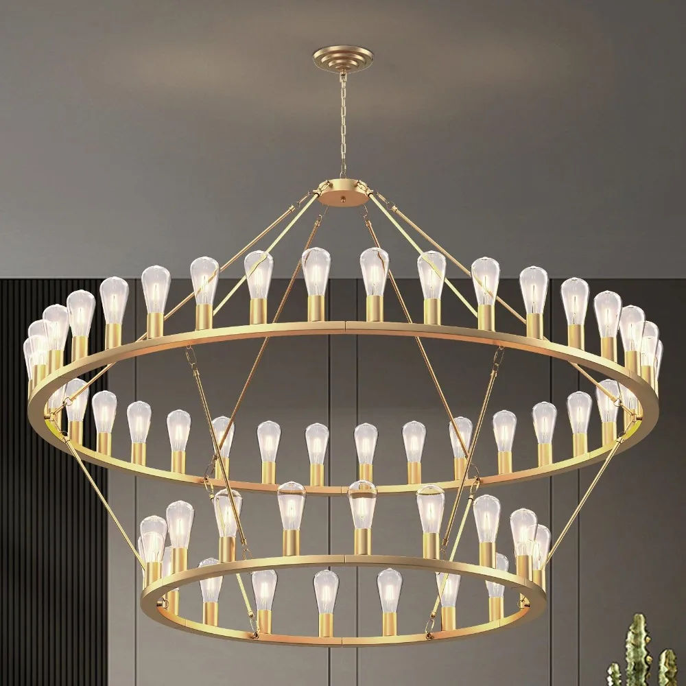 

60‘’ Grand Circle 54-Light Lamps Gold Wagon Wheel Chandelier 2 Tier Design Rustic Fixture Lighting Lights For Room Home Decor