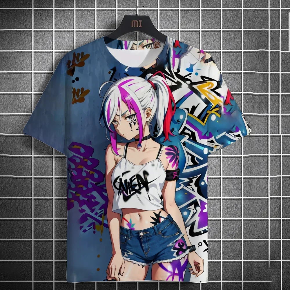 Fashion Men's Anime Girl Pink Hair Headphones Graffiti T-Shirt Japanese Manga Cyberpunk Full Print Short Sleeve Streetwear Tee