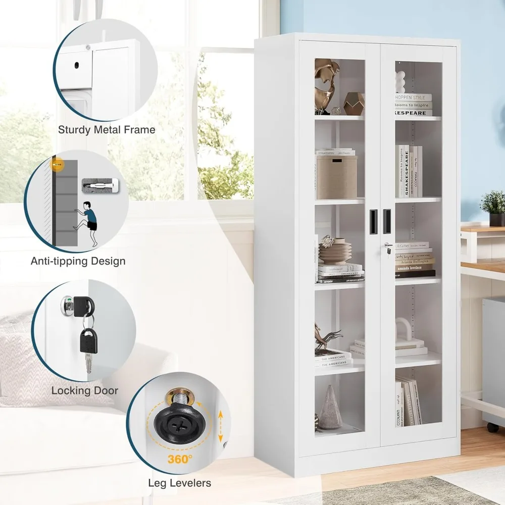 MIIIKO Glass-Door Display Cabinet, 71 Tall Metal Storage Cabinet for Home Office and Collectibles, with Adjustable Shelves