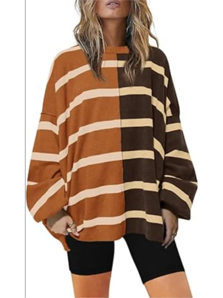 Elegant O-neck Long-sleeved Loose Sweatshirt Women Fashion Autumn Winter Color Matching Striped Casual Long Sweatshirt Female