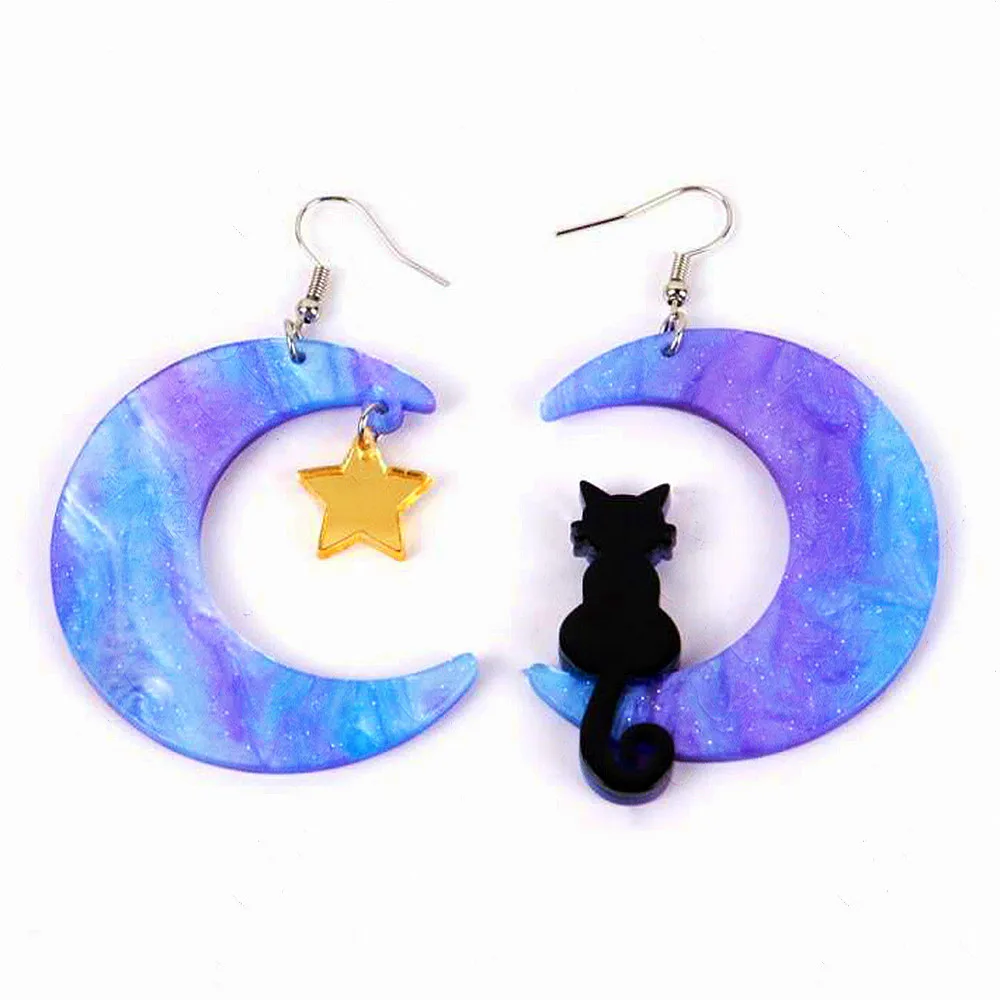

2025 Cute Glitter Moon Black Cat Big Acrylic Earrings for Women Trendy Asymmetric Star Drop Earring Party Jewelry Creative Gift