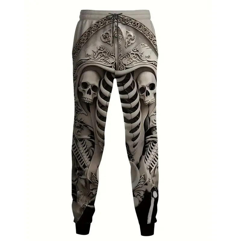 A trendy and fashionable sportswear set featuring a 3d printed skull skeleton hooded sweatshirt and long pants for men in 2025
