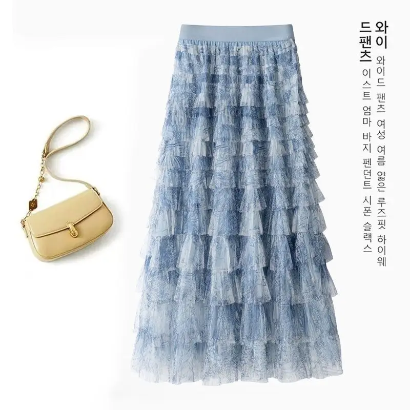 High Waist plus Size Women's Midi Skirt Summer New Tie Dye Gauze Skirt Elegant Slimming Fluffy A-Line Cake Skirt Casual Style