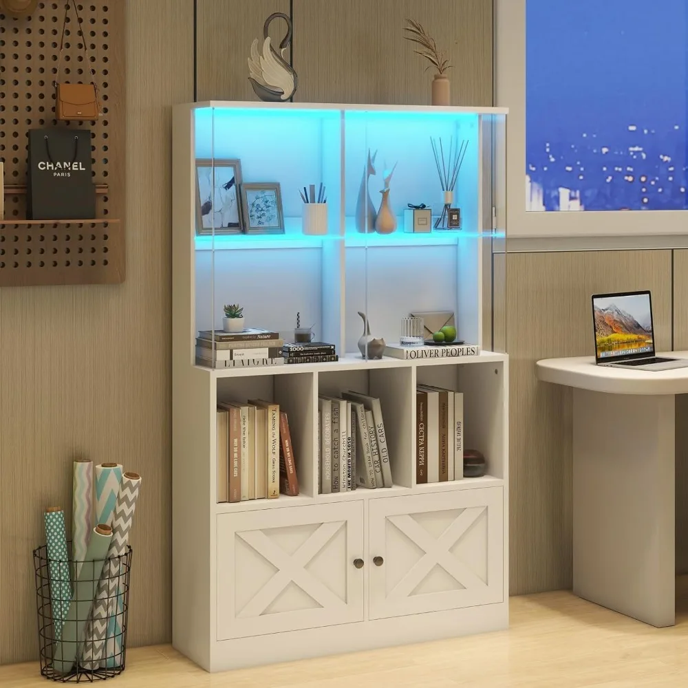 

Display Cabinet with Glass Shelves, LED Lights, Adjustable Color Temperature and Brightness, Display Cabinet