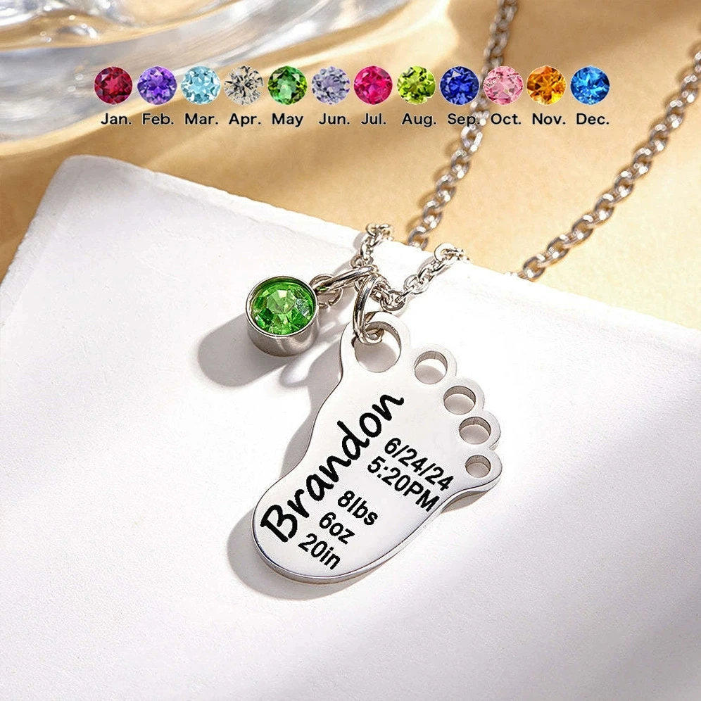 

Personalized Baby Footprint Necklace Custom Name Birth Date Necklace Stainless Steel Birthstone Charm New Mom Gift Jewelry