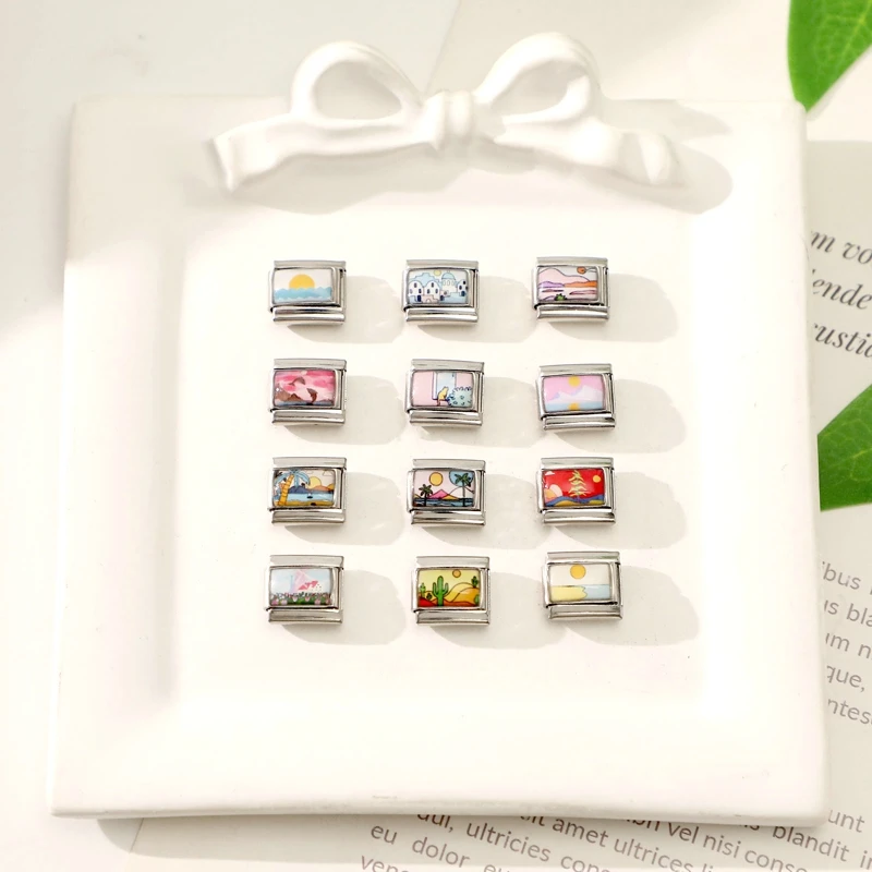 New Scenery Series Cactus Sunset Beach Moon Flowers Dolphin Italian Charm Links Fit 9MM Stainless Steel Bracelet DIY Making Gift