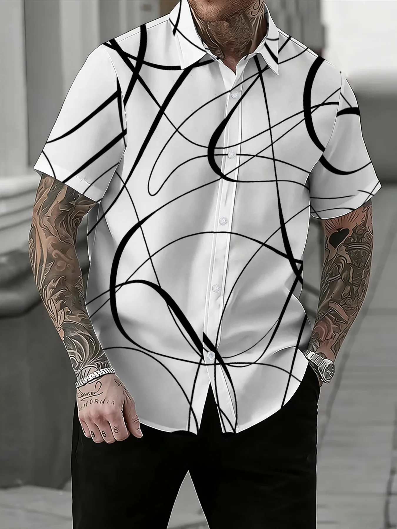 Trendy Abstract Curve Print Men Short Sleeve Button Shirt Summer Casual Streetwear White Lapel Shirts