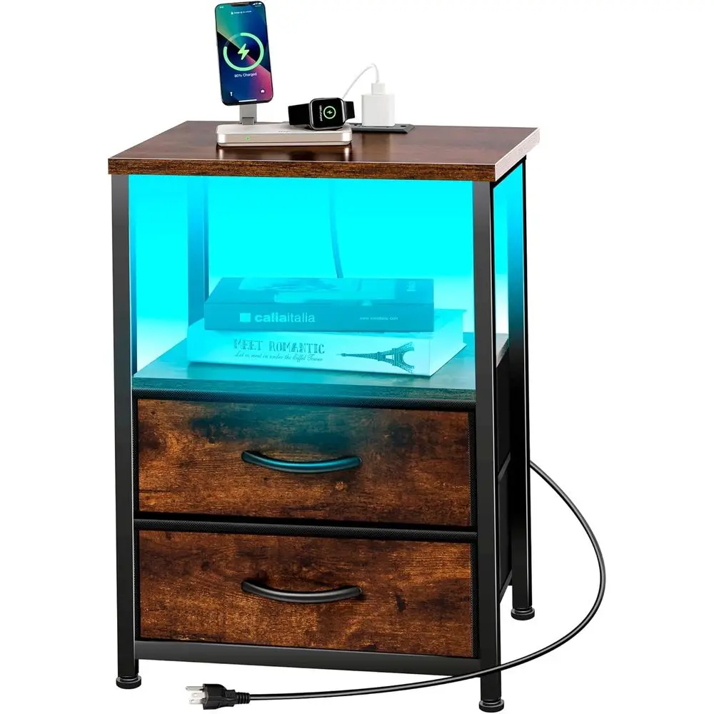 

Прикроватная тумбочка с LED-подсветкой, тканевыми ящиками и полками для хранения для спальни и гостиной