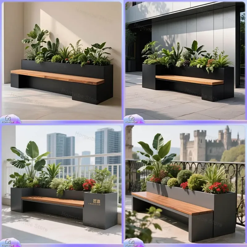 Rectangular Stainless Steel Flower Box Seat Garden Planter Bench Outdoor Patio Furniture Integrated Stool Planting Container