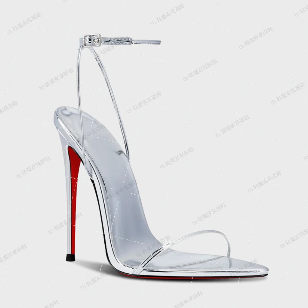 

Silver red bottom high heels for women, slim heels, 2025 new style, slim strap, sexy one-piece buckle fashion sandals, 12cm
