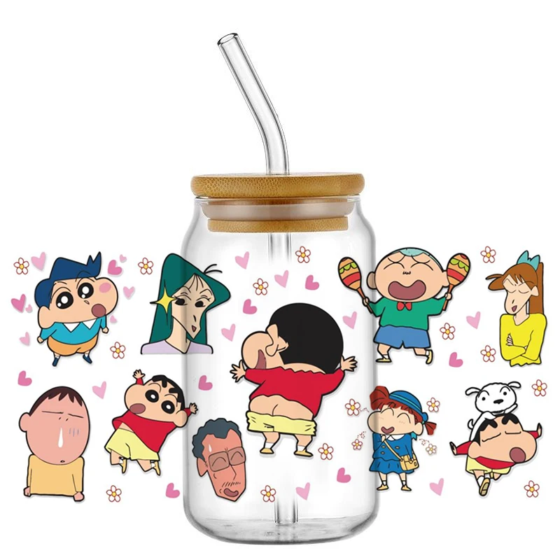 MINISO 3D Japanese Cartoon Boy Crayon Shin-chan Decal 16oz Libbey UV DTF Cup Wrap DIY  Mug Waterproof Transfer Sticker