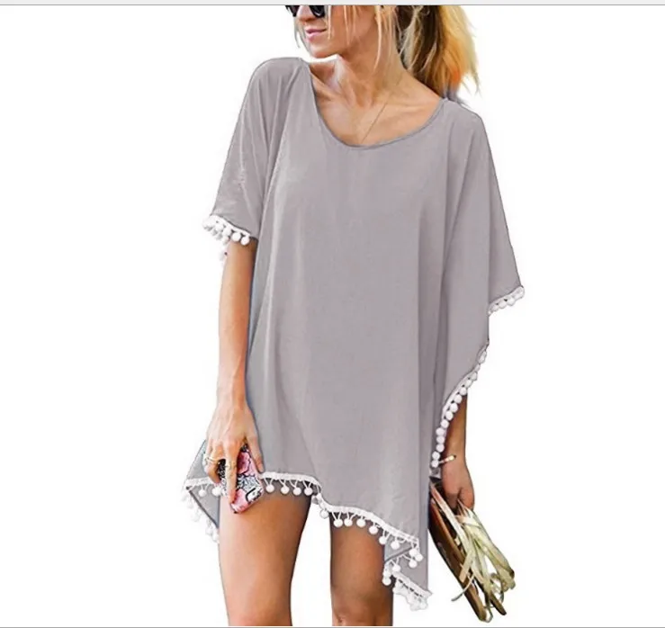 

2023 Spring Summer Seaside Holiday Beach Blouse Casual Breathable Solid Color Chiffon Fringed Women Beach Skirt Blouse Gray