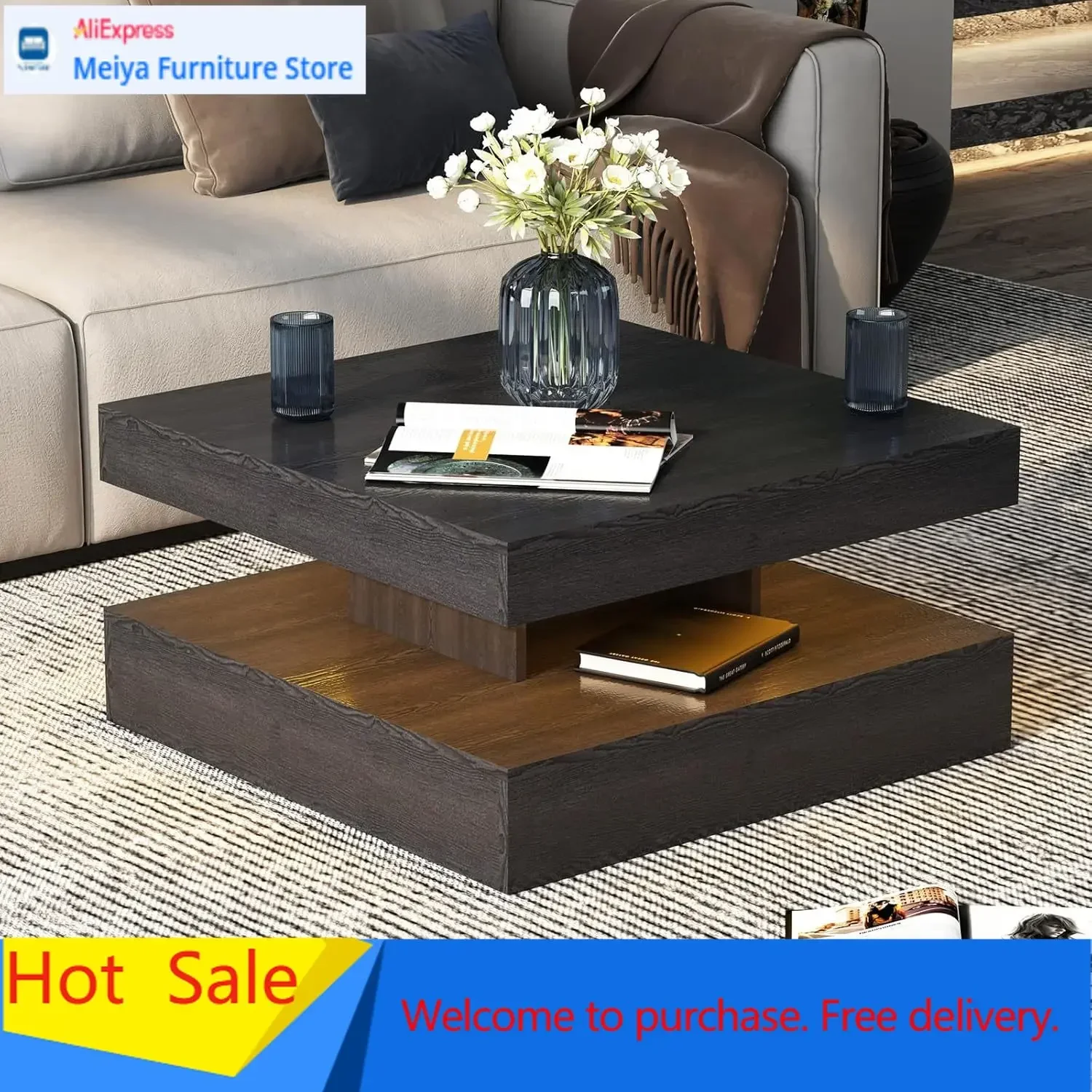 Square Coffee Table With Storage Led Lights Wooden Center Table For Living Room Dining Room