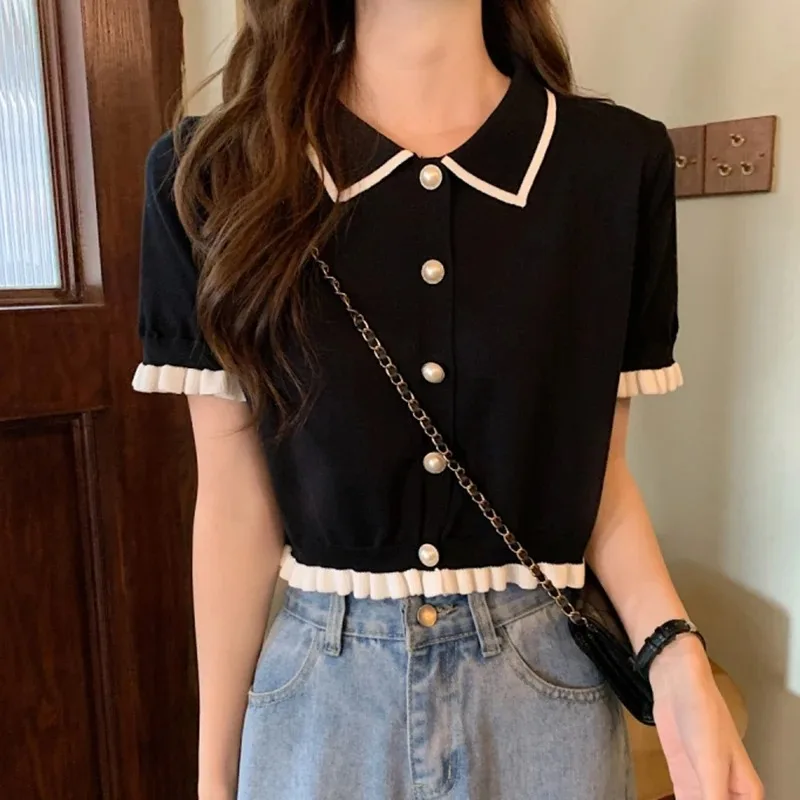 Women Shirt Knitted Short Sleeve Cute Frilled Pearl Button Collared Blouse Shirt Female Summer Crop Tops French Chic Outfit - view 6