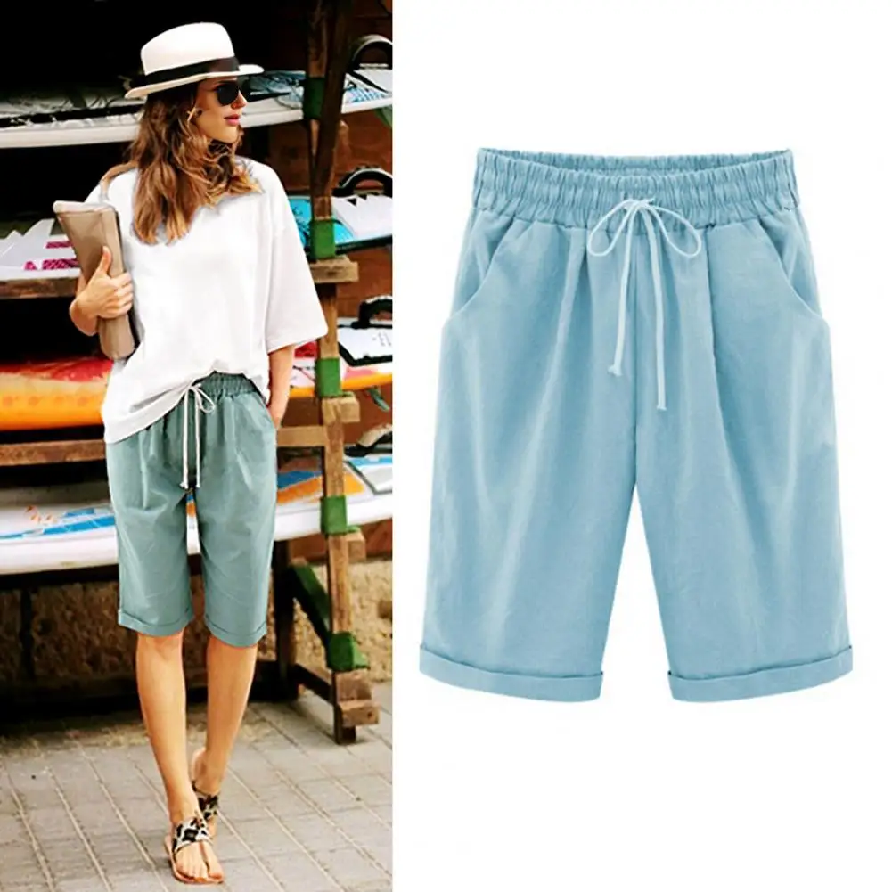 Women Shorts Drawstring Elastic Waist Knee Length Wide Leg Loose Butt-lifting Shorts Side Pockets Casual Lady Short Trousers