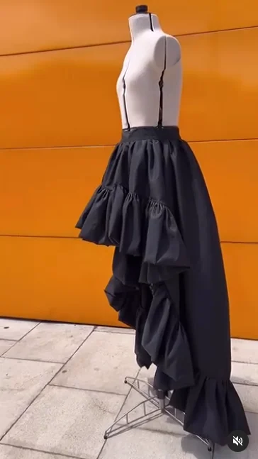 Real Image Black Draped High Low Satin Skirts With Bright Line Details Good Quality Long Women Skirt Maxi Skirt