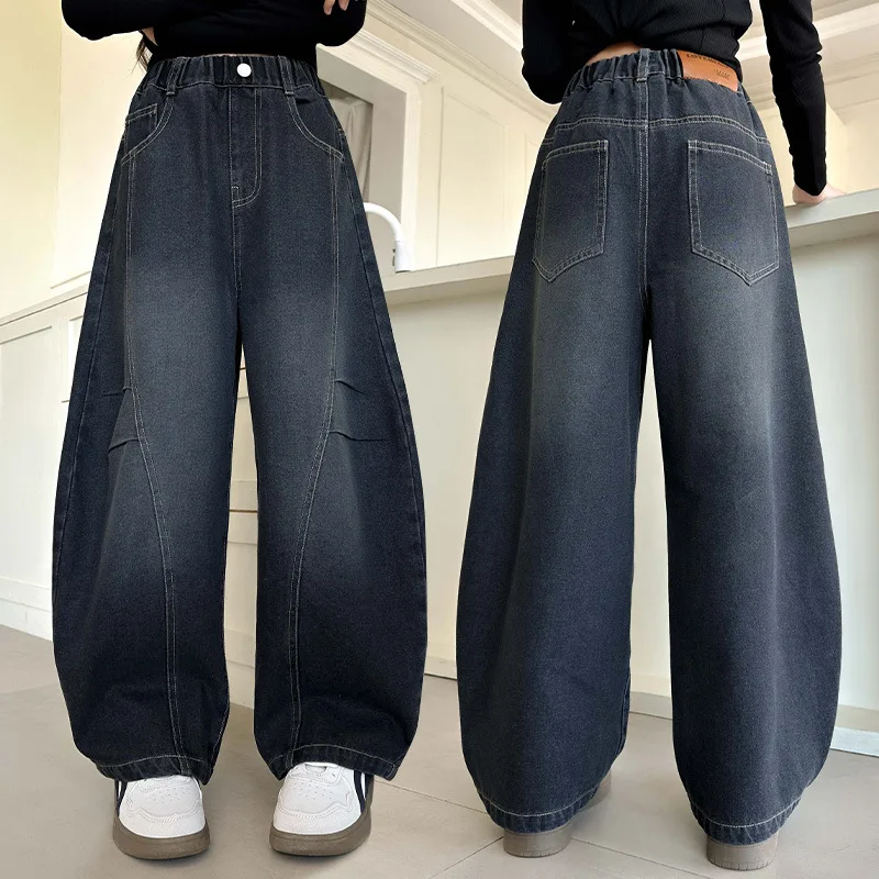 الفتيات المرقعة الجينز 2025 الخريف نمط جديد في سن المراهقة الأطفال فضفاض واسعة الساق الدنيم السراويل ملابس الأطفال #2