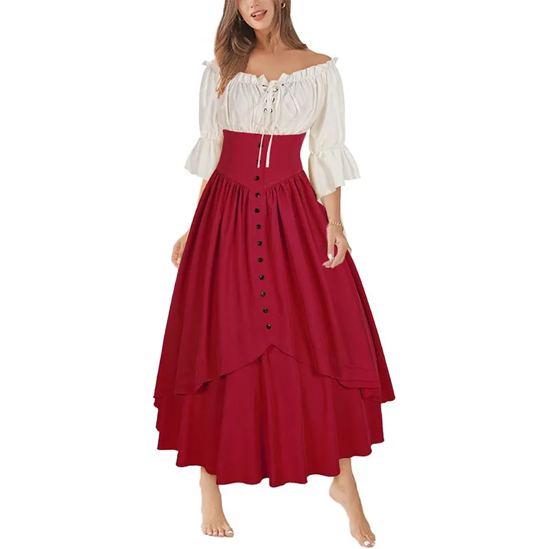 Halloween Women's Renaissance Period Skirt 2-piece Set Retro Button Skirt Strap Off Shoulder Shirt