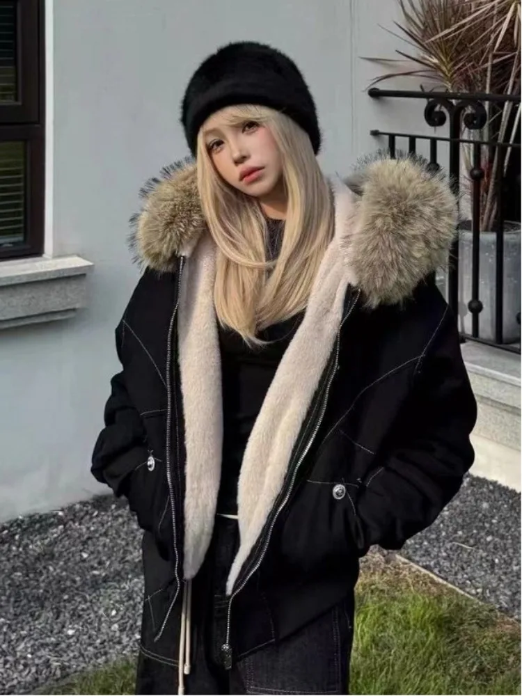 

Women Winter New Furry Solid Casual Street ic Straight Classic Thicken Patwork Turn Down Collar Padded Jacket NEW