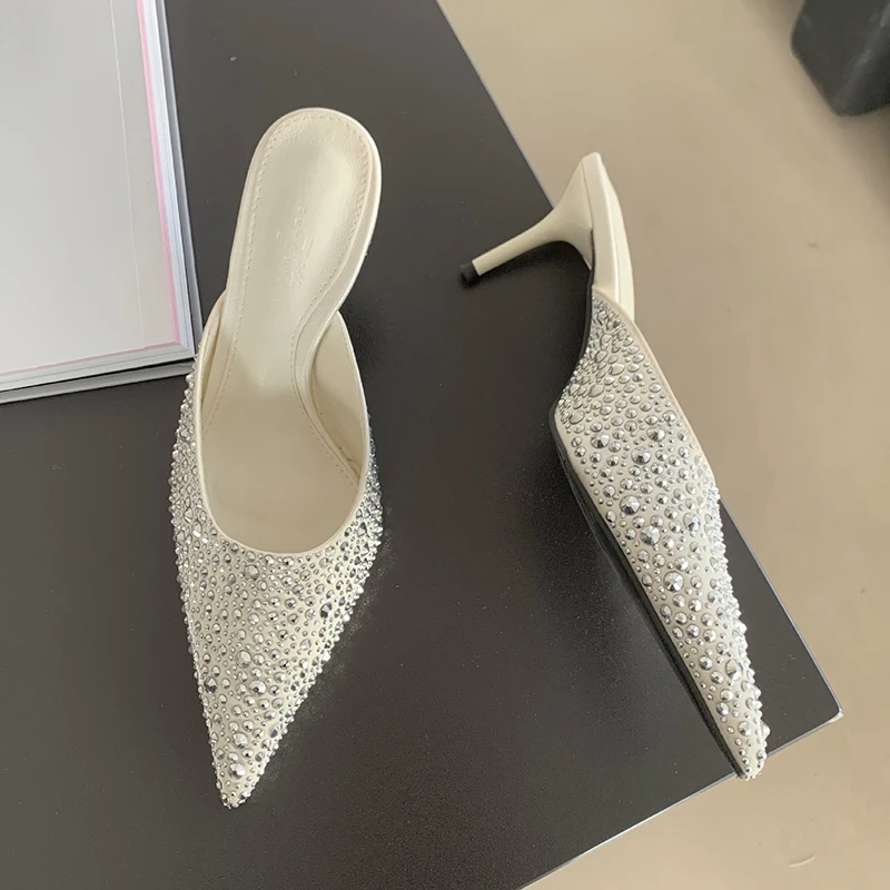 YATAGODY Size 35-39 Women Mules Sandals Sparkly Rhinestone Thin High Heels Summer Shoes Sexy Pointy Party Daily Slides Slippers