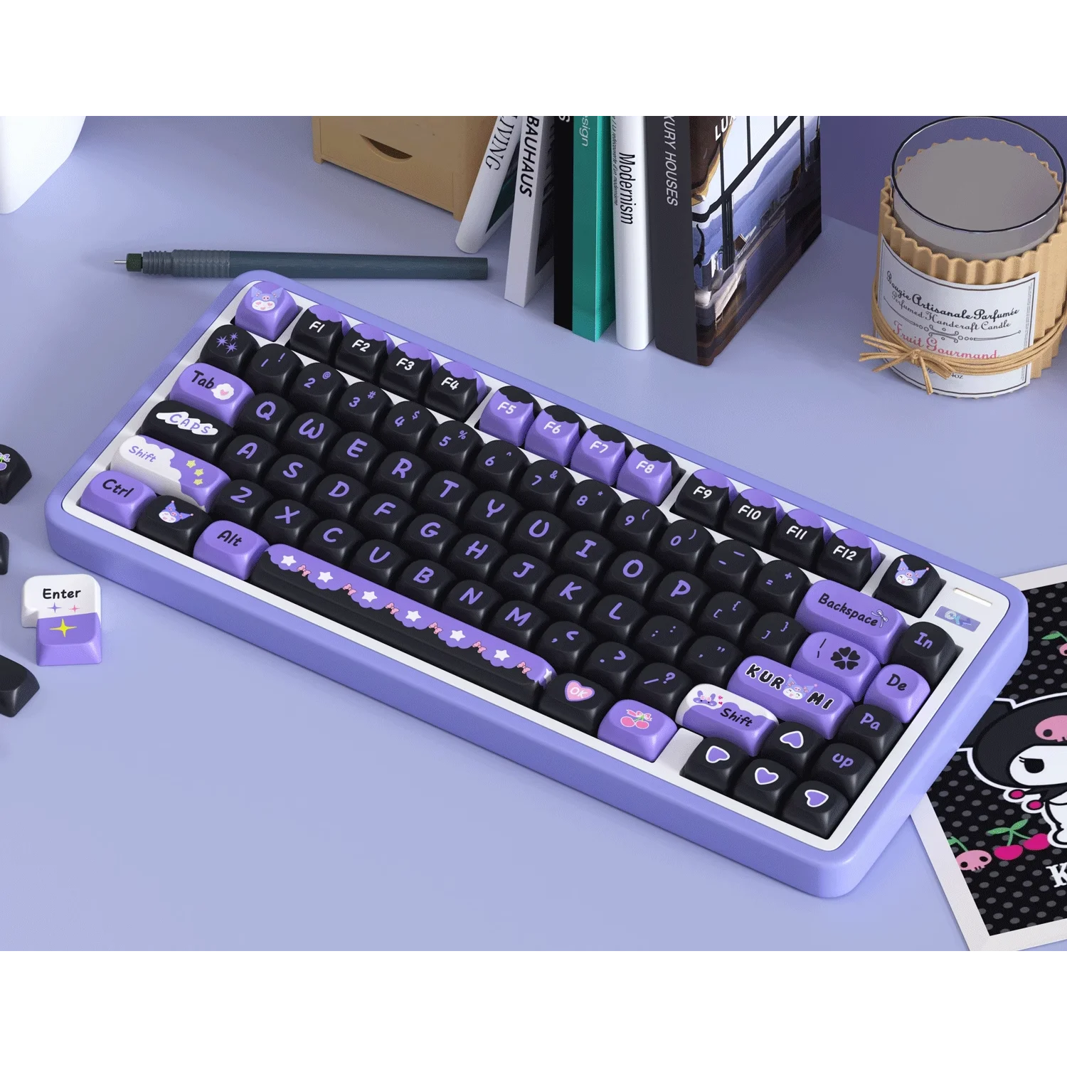 Imagem -04 - Conjunto Completo de Teclado Mecânico para Jogos Teclas Pbt Personalizadas Roxas e Pretas Kurome Meninas 60 64 84 98 108 Pbt