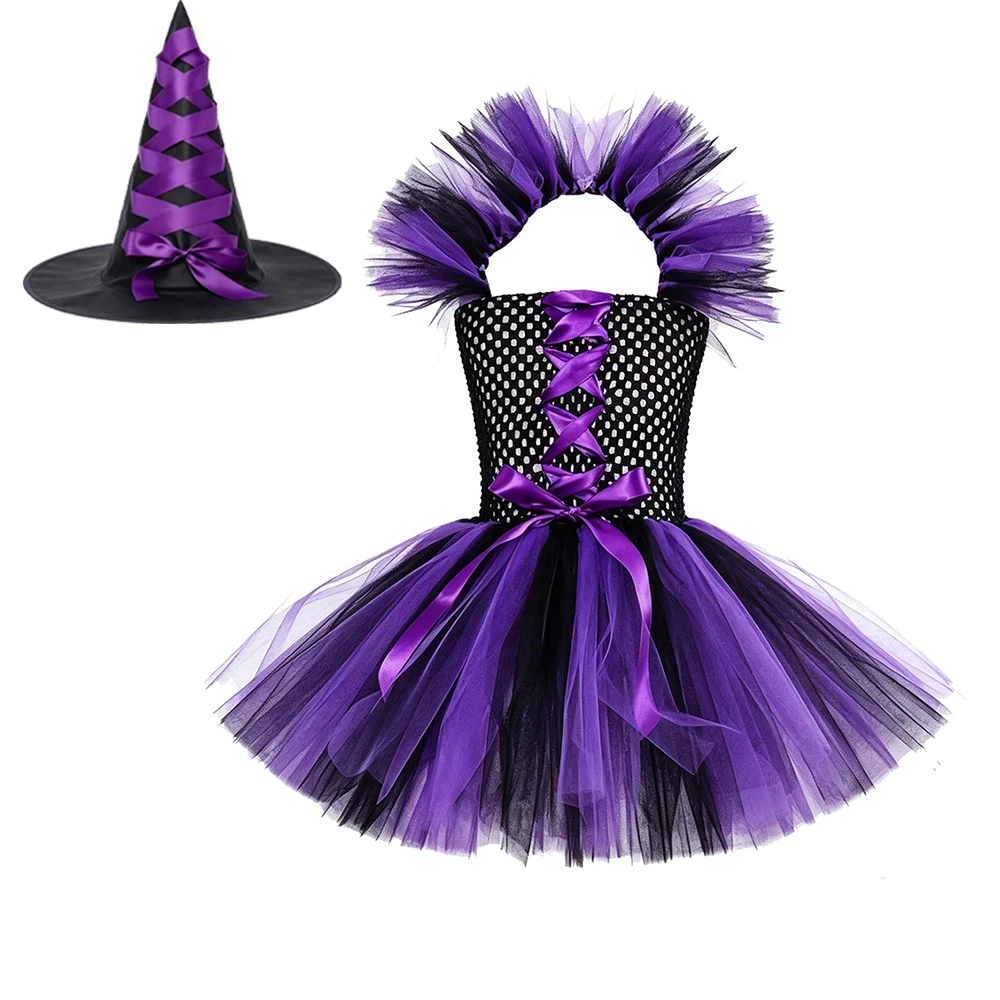Halloween-Hexenkostüm für Mädchen, lila Tüllrock mit Hut, für Kinder von 2 bis 12 Jahren, Karneval, Cosplay, Party, Kinderkleidung. – Detail 4