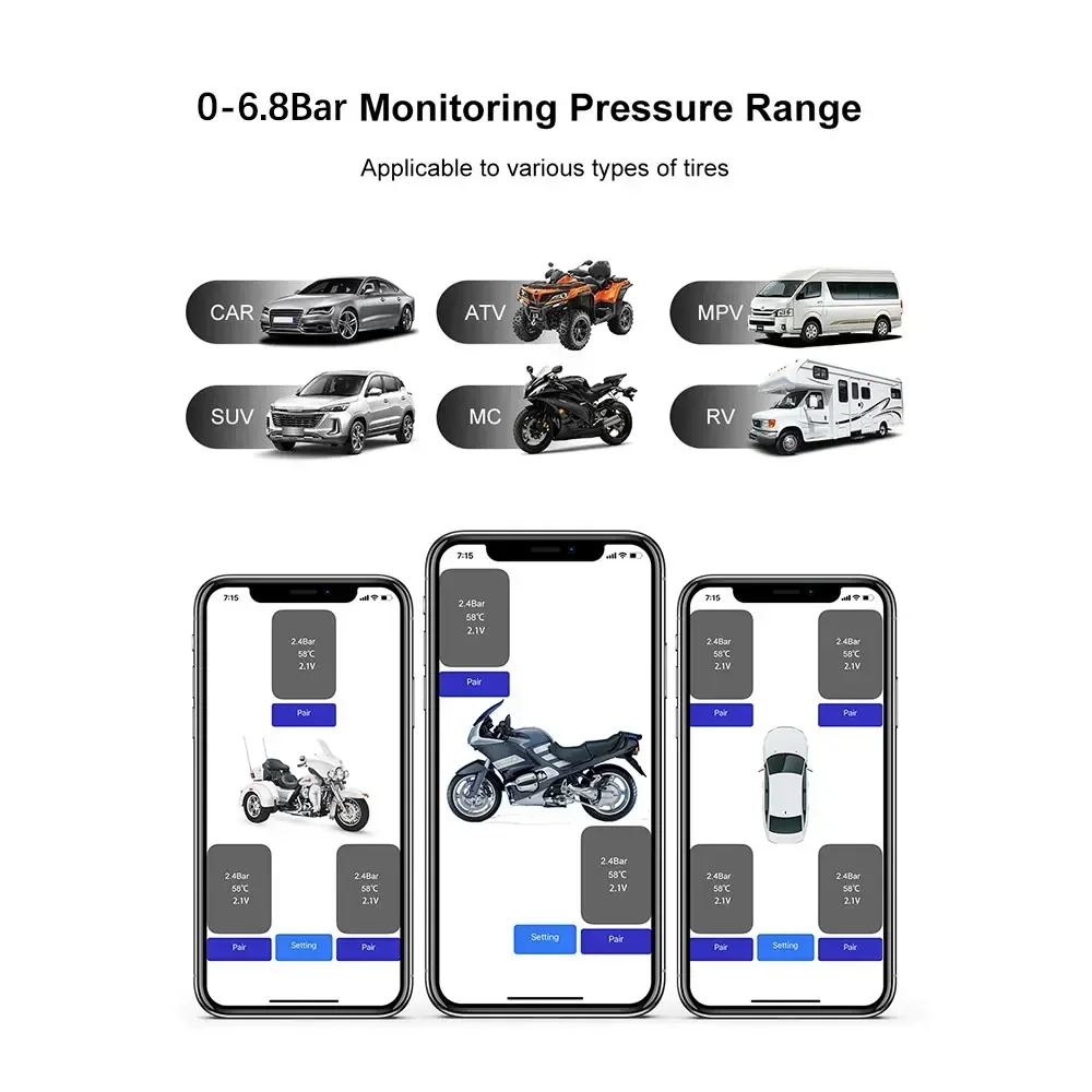 TPMS Tire Pressure Sensors Motorcycle Bluetooth-Compatible Tire Pressure Monitoring System External Sensor Android/IOS Car TMPS